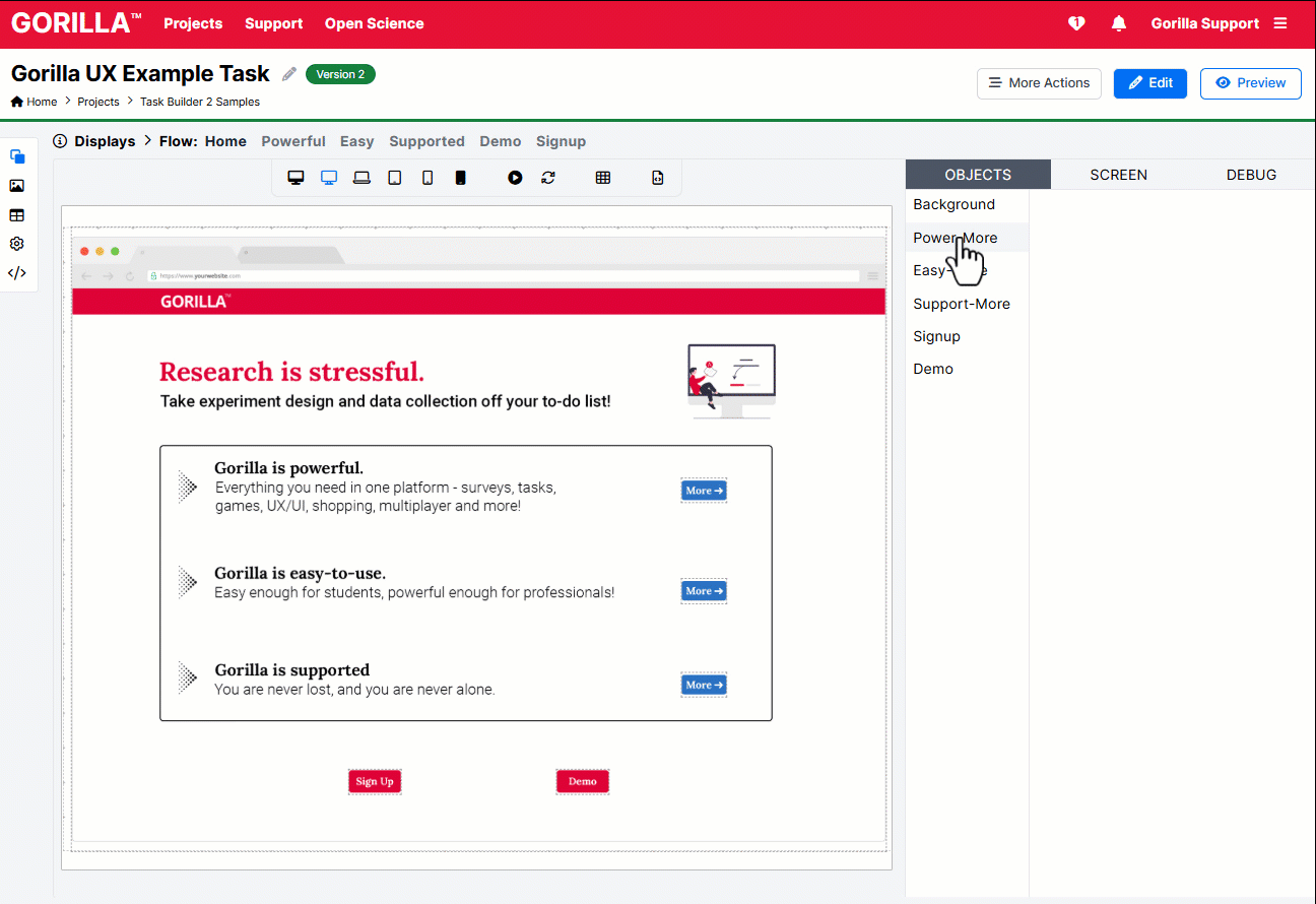 A Gif showing how to set up a UX task in Gorilla.