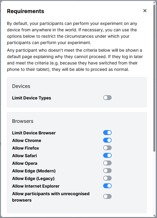 A screenshot of the Requirements. The Limit Device browser has been clicked, showing the options to limit device browser.