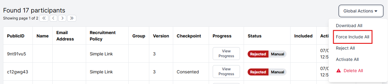 A screenshot of the Participants Tab in the Experiment Builder. The Global Actions button has been clicked to show the Force Include All option.