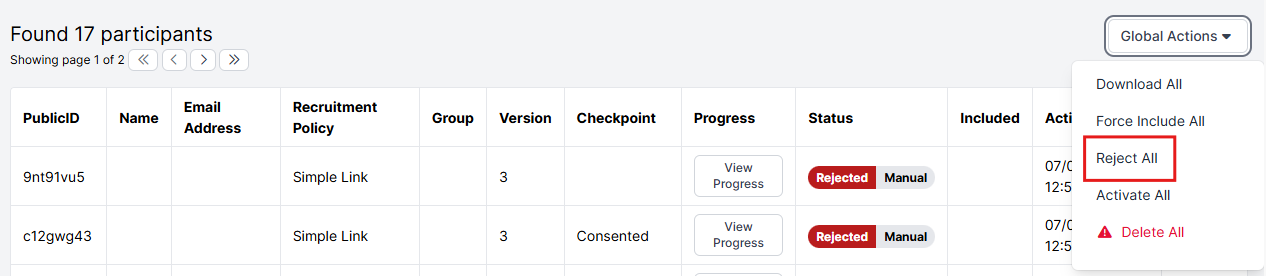 A screenshot of the Participants Tab in the Experiment Builder. The Global Actions button has been clicked to show the Reject All option.