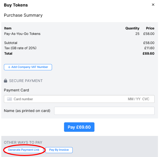 Screenshot of the Buy Tokens window. At the bottom, under OTHER WAYS TO PAY, 'Generate Payment Link' is circled.