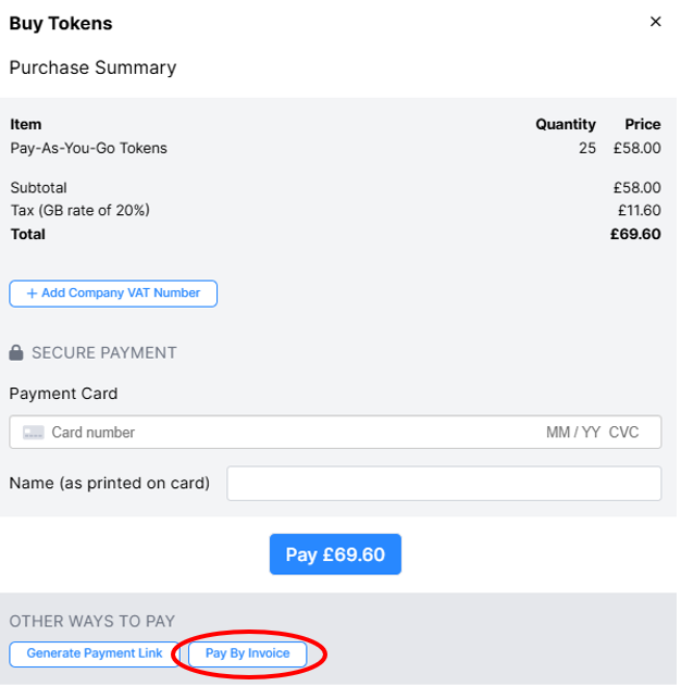 Screenshot of the Buy Tokens window. At the bottom, under OTHER WAYS TO PAY, 'Pay by Invoice' is circled.