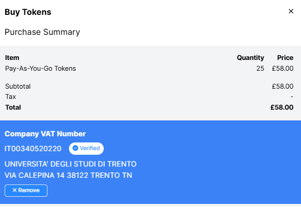 If VAT number is successfully verified, company information will then be displayed. Click 'Buy Now' to buy tokens using this VAT number.
