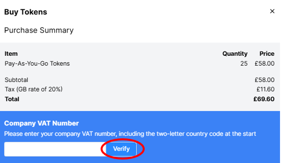 Enter your Company VAT number in the field and click the Verify button