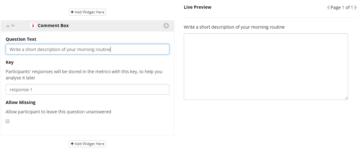 questionnaire widget comment box
