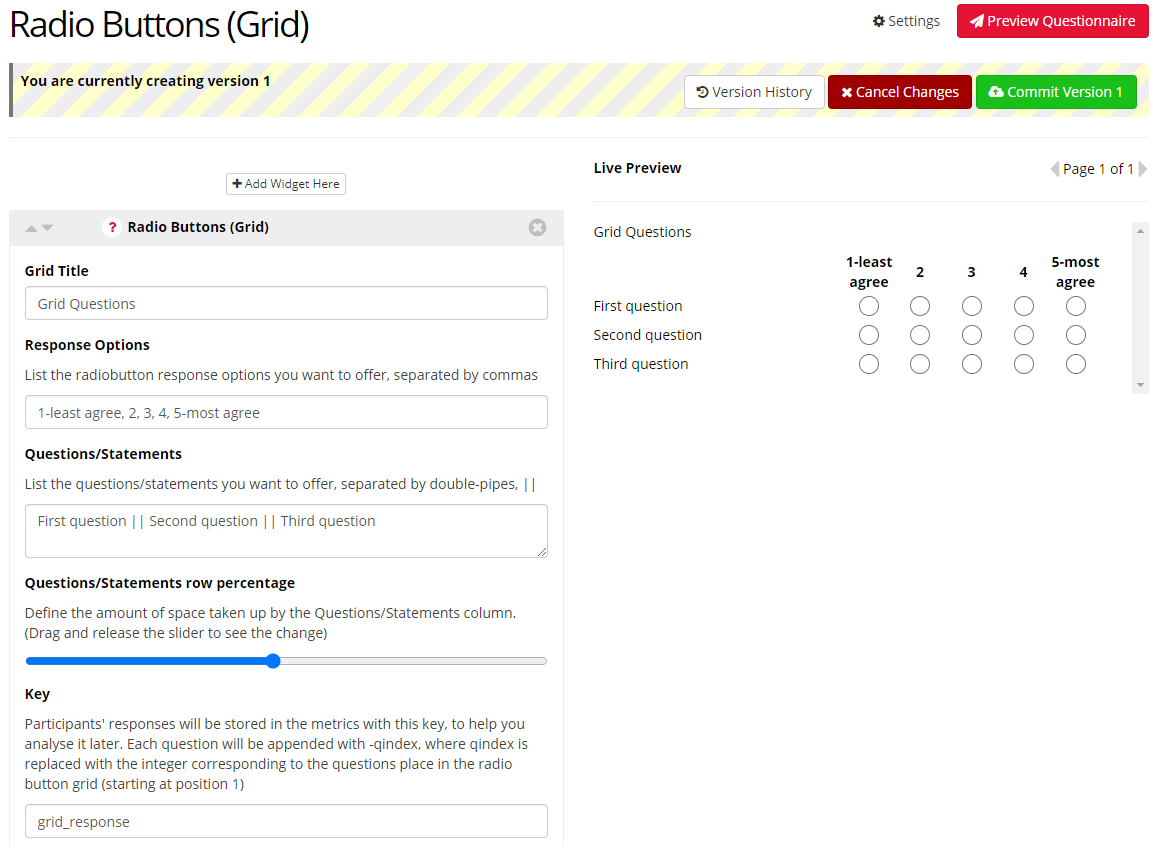 radio buttons grid
