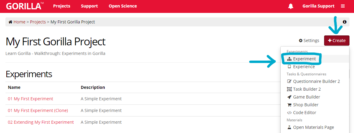 Click on create and choose Experiment to create a new experiment