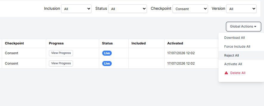 Screenshot of the participants tab with the checkpoint filter set to 'Consent' and the Global Action dropdown highlighting the Reject All option.