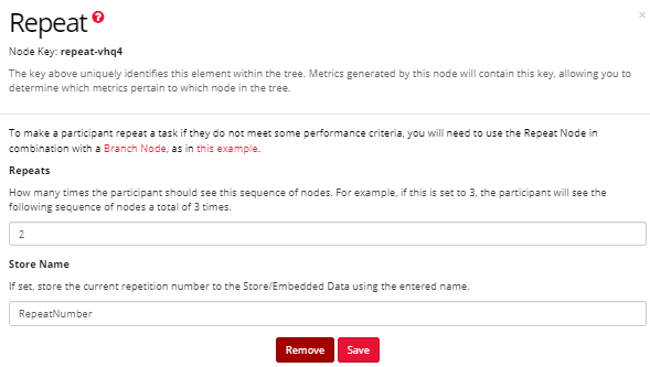 Screenshot of the Repeat Node configuration settings in the Experiment Tree