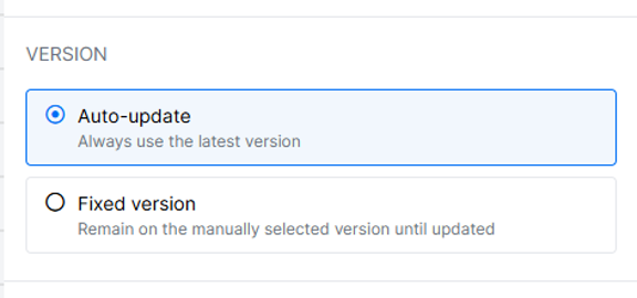 Screenshot of the Auto-update and Fixed version settings on task node.
