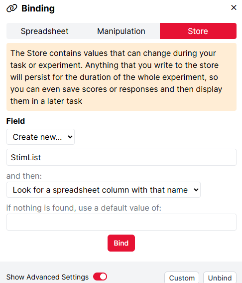 Screenshot of the Binding window as described in the previous paragraph