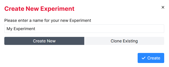 Screenshot of Create window with Experiments -> Experiment Builder selected, showing Name field and Create button