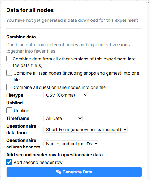 Screenshot of the data generation options when clicking Download Experiment Data