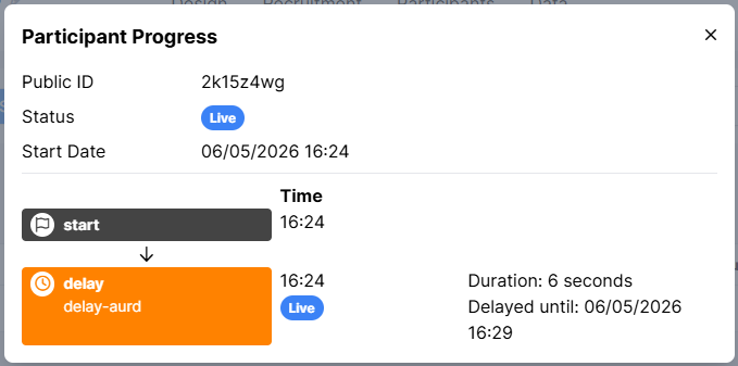 Screenshot of a Participant Progress window including the text 'Delayed until: 06/05/2026 16:29'