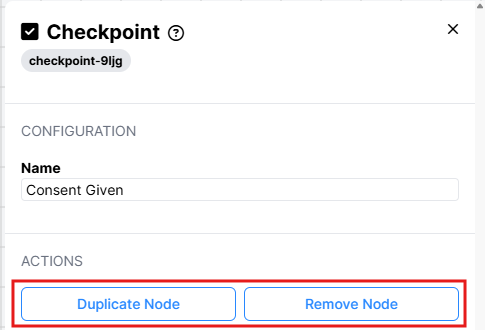 Screenshot of Node settings in New Experiment Builder. Duplicate and Remove buttons are circled