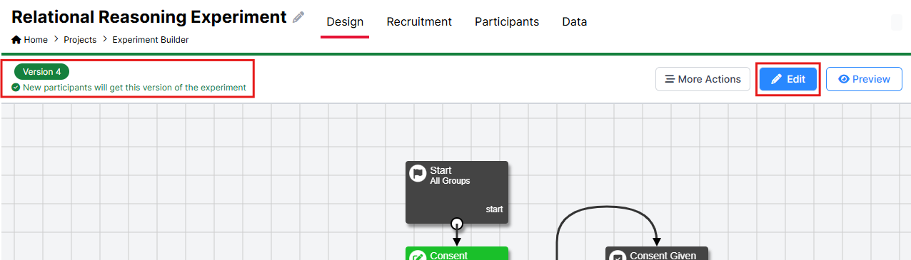 Screenshot of a committed experiment in New Experiment Builder. 'New participants will get this version of the experiment' message and Edit button are highlighted