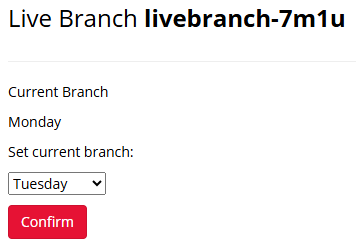 Screenshot of the branch selection screen accessed via the URL at the top of the Live Branch node