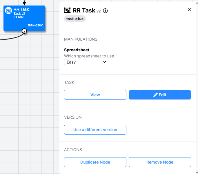 Screenshot of the Node Settings for a Task node in New Experiment Builder, showing Spreadsheet, View/Edit, Version, Duplicate, and Remove settings