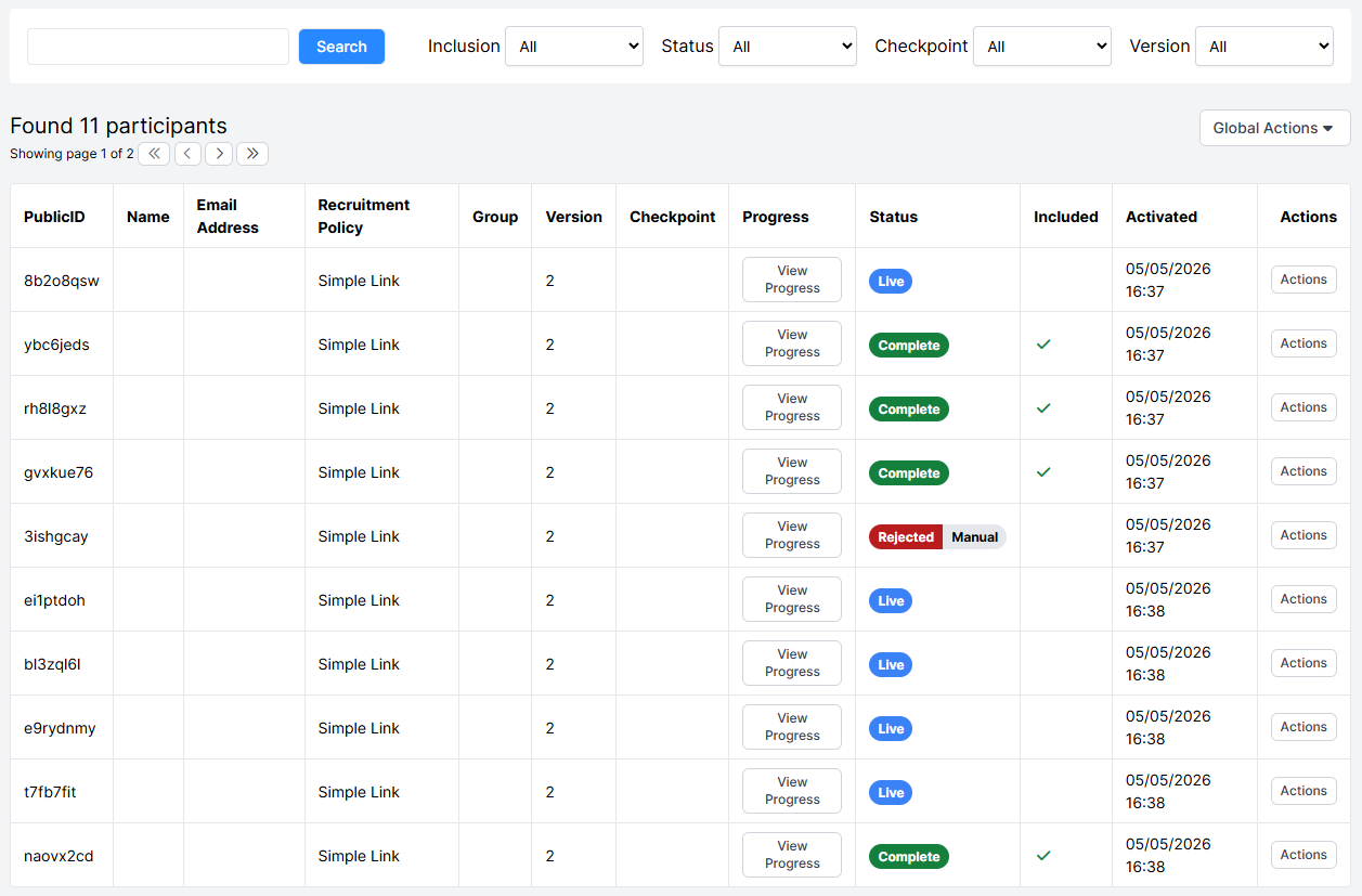 A screenshot of the Participants Tab in the experiment builder.