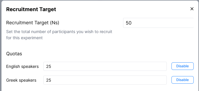 Screenshot of the Change Recruitment Target window with boxes to enter a target for each Quota