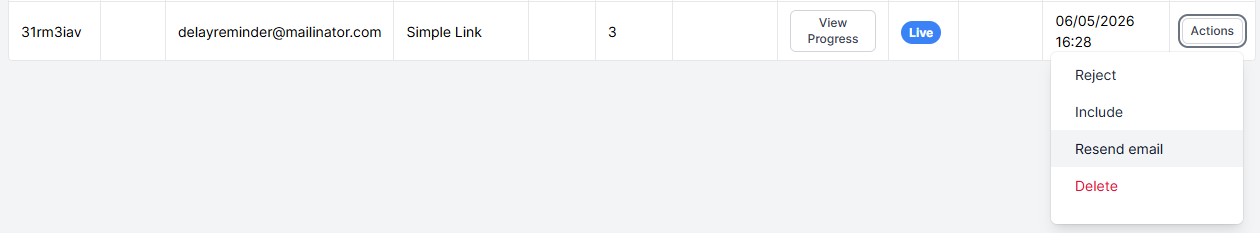 Screenshot of a participant's row on the Participants tab. The Actions menu is open and 'Resend email' is highlighted
