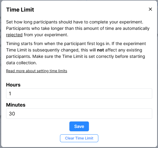 A screenshot of the Time Limit settings within the Experiment Builder.
