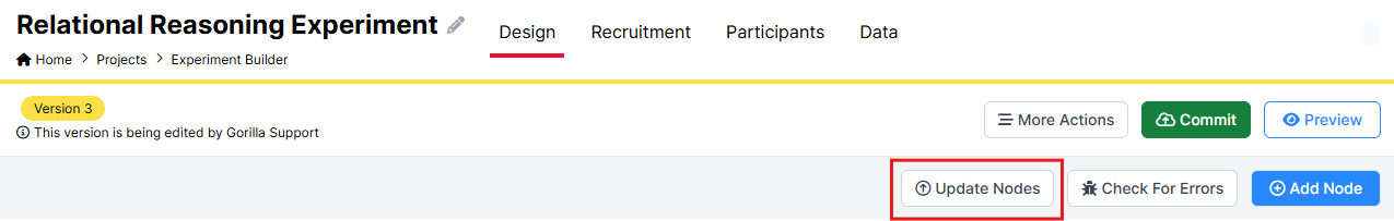 Screenshot of the top bar of New Experiment Builder. The Update Nodes button is circled.