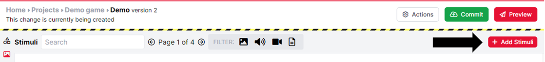 A screenshot of the Stimuli Tab in the game builder. An arrow highlights the red 'Add Stimuli' in the top-right of the screen.