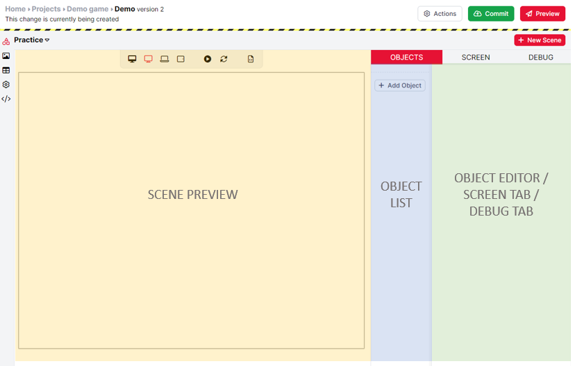 Screenshot of the Scene Editor in Game Builder. The screen is split into three sections. On the left, the Scene preview is labelled and highlighted in yellow. In the middle, the object list is labelled and highlighted in blue. On the right, the object editor / screen tab / debug tab is labelled and highlighted in green.