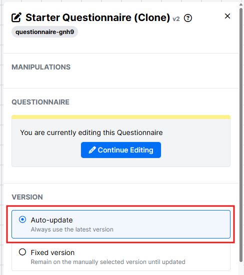 Screenshot of the Starter Questionnaire node settings. Version is set to Auto-update