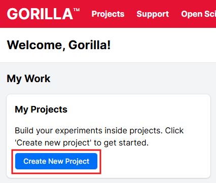Screenshot of Gorilla home page when logged in. Create New Project button on left is outlined in red