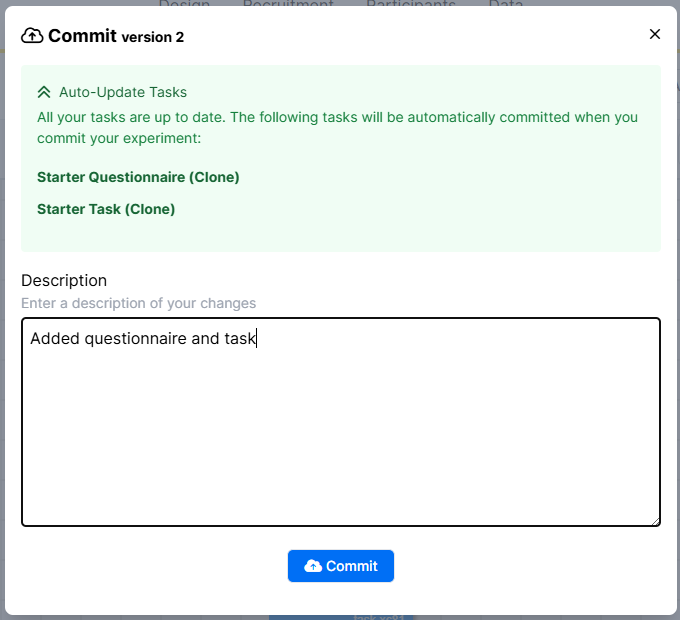 Screenshot of Commit window. Message 'Added questionnaire and task' has been entered