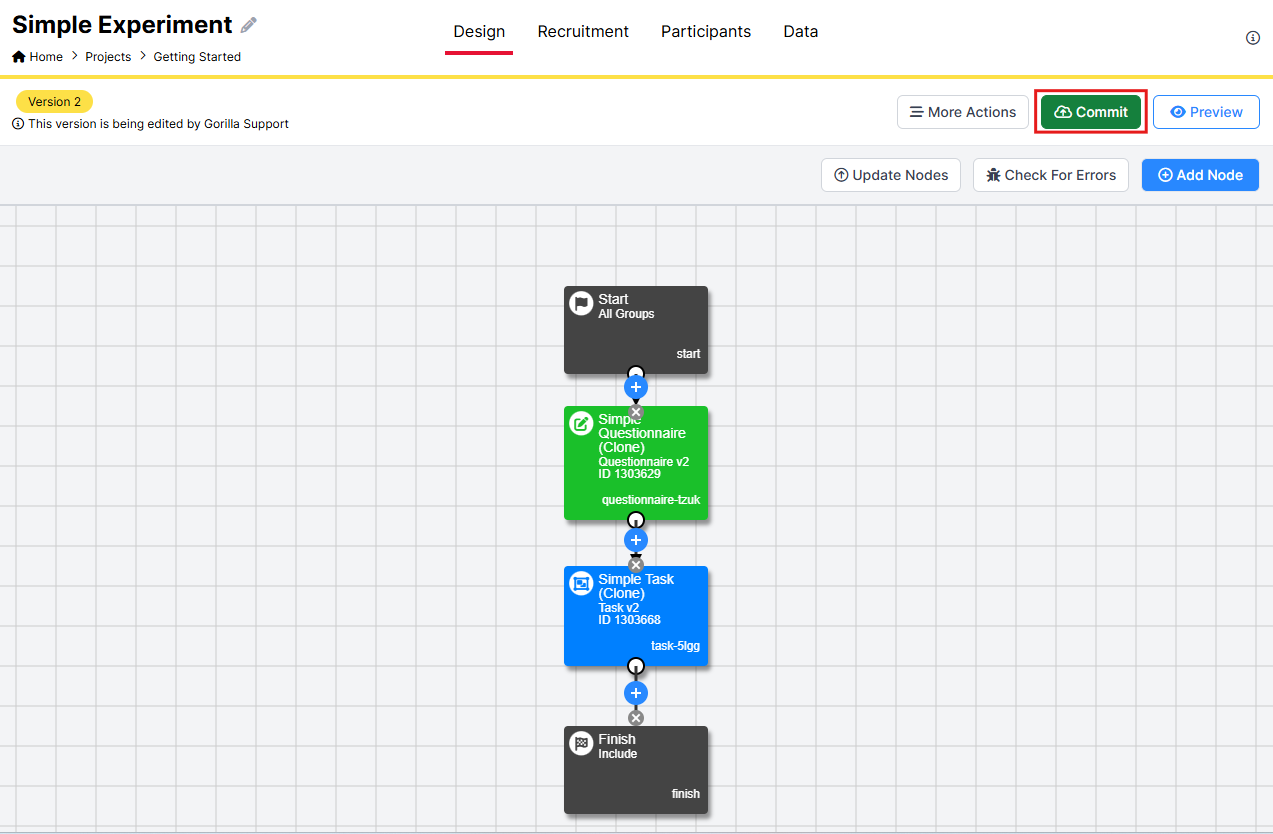 Screenshot of simple experiment in Experiment Builder. Commit button is outlined in red
