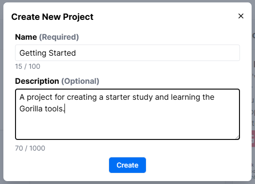 Screenshot of the Create New Project window. The Name 'Getting Started' has been entered, along with a brief Description.