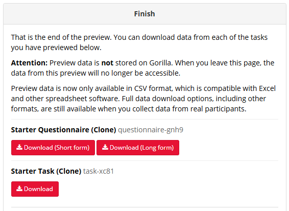 Screenshot of the data download screen at the end of experiment preview
