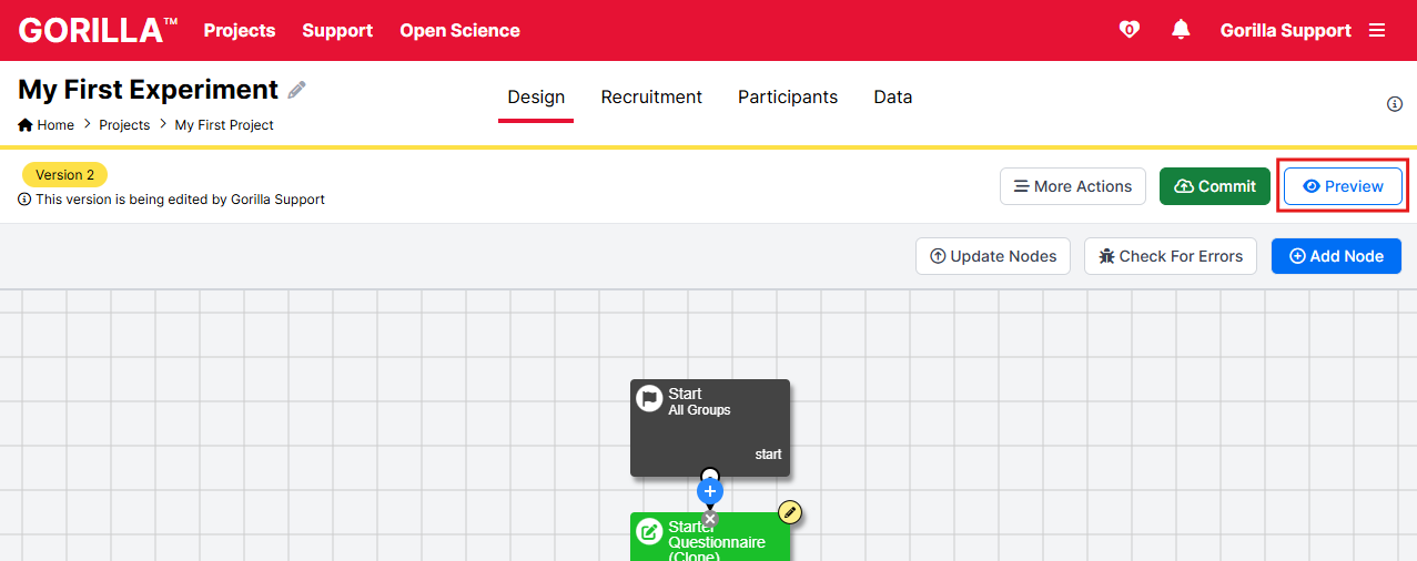 Screenshot of My First Experiment in Experiment Builder. Preview button is outlined in red