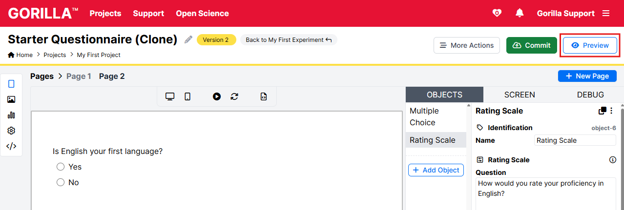 Screenshot of the Starter Questionnaire in Questionnaire Builder 2. Preview button at top right is outlined in red