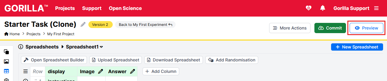 Screenshot of the Starter Task in Task Builder 2. Preview button at top right is outlined in red