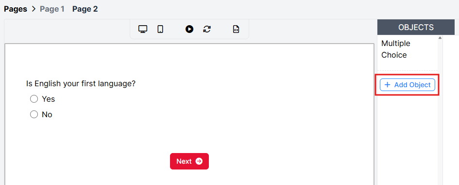 Screenshot of Page 2 of the Simple Questionnaire. Add Object button is outlined in red