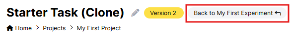 Screenshot of the Starter Task in Task Builder 2. 'Back to My First Experiment' button is outlined in red