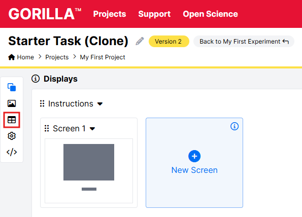 Screenshot of the Simple Task in Task Builder 2. Spreadsheets icon in the left sidebar is outlined in red