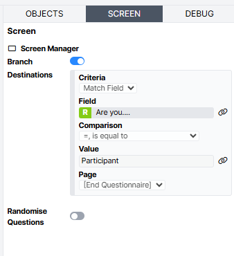 A screenshot of the branching used on Page 1 of the Video interview example. Participants who respond with participant immediately end the questionnaire.