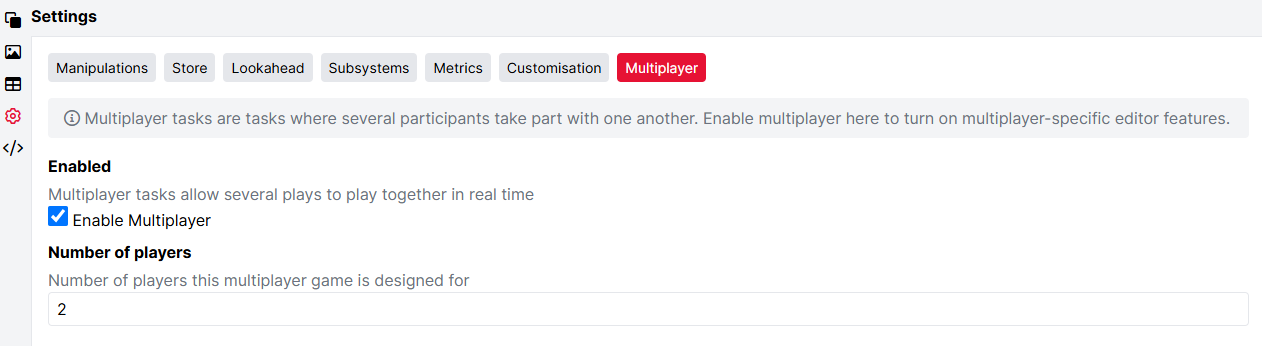 Screenshot of the Settings tab in Task Builder 2, with Multiplayer selected. The Enable Multiplayer box is checked. Number of players is entered as 2