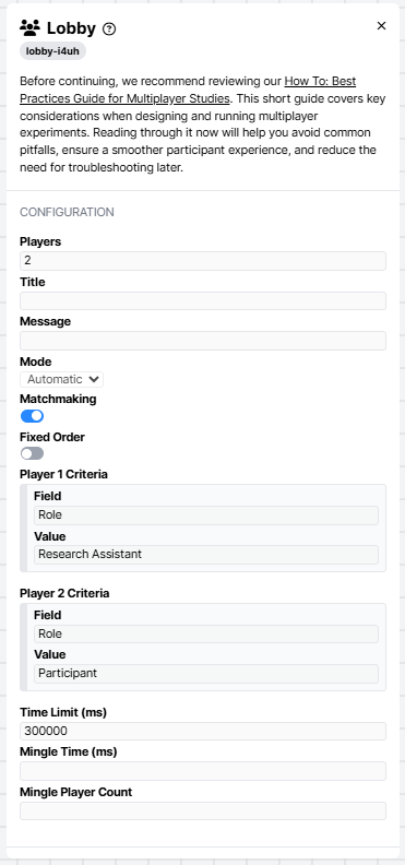 A screenshot of the lobby node configuration, making the researcher Player 1 and the participant Player 2.