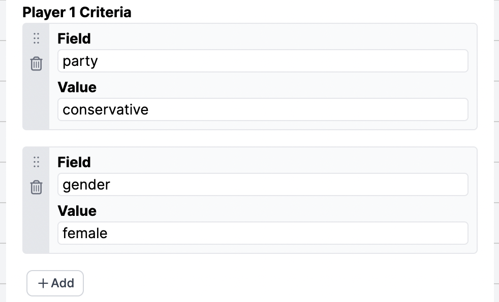 Screenshot of multiple Player 1 Criteria in the Lobby node.