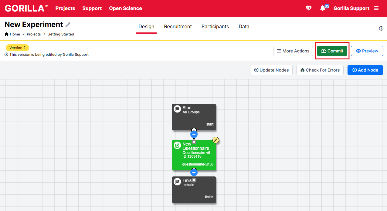 Screenshot of Experiment Builder before committing. The Commit button at the top right is outlined in red