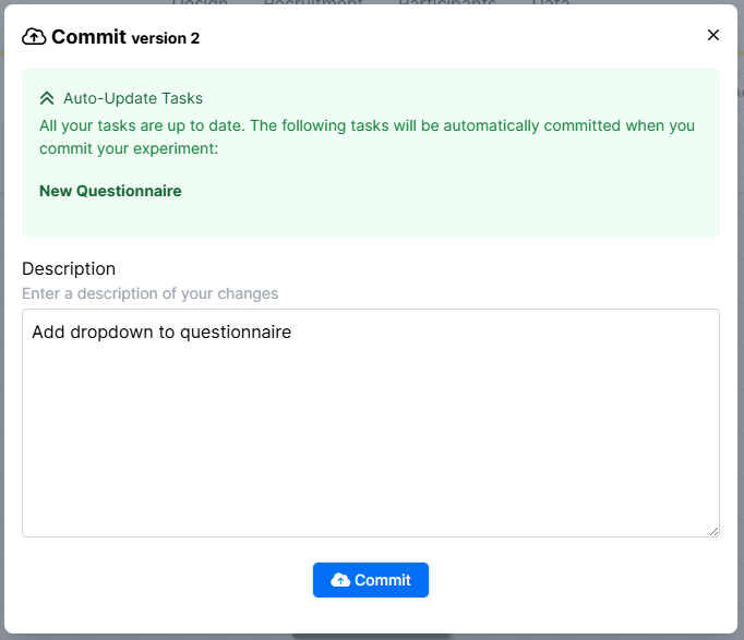 Screenshot of the Commit window. The Description 'Add dropdown to questionnaire' has been entered. The Commit button is at the bottom