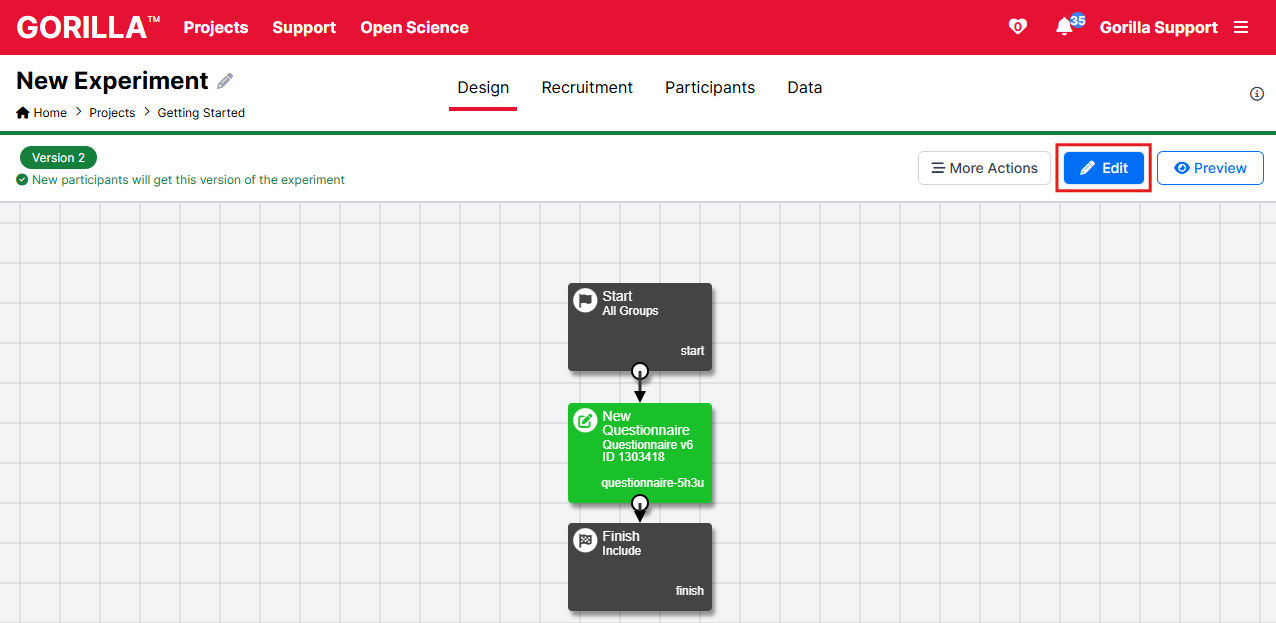 Screenshot of Questionnaire Builder 2 after committing. The Edit button at the top right is outlined in red