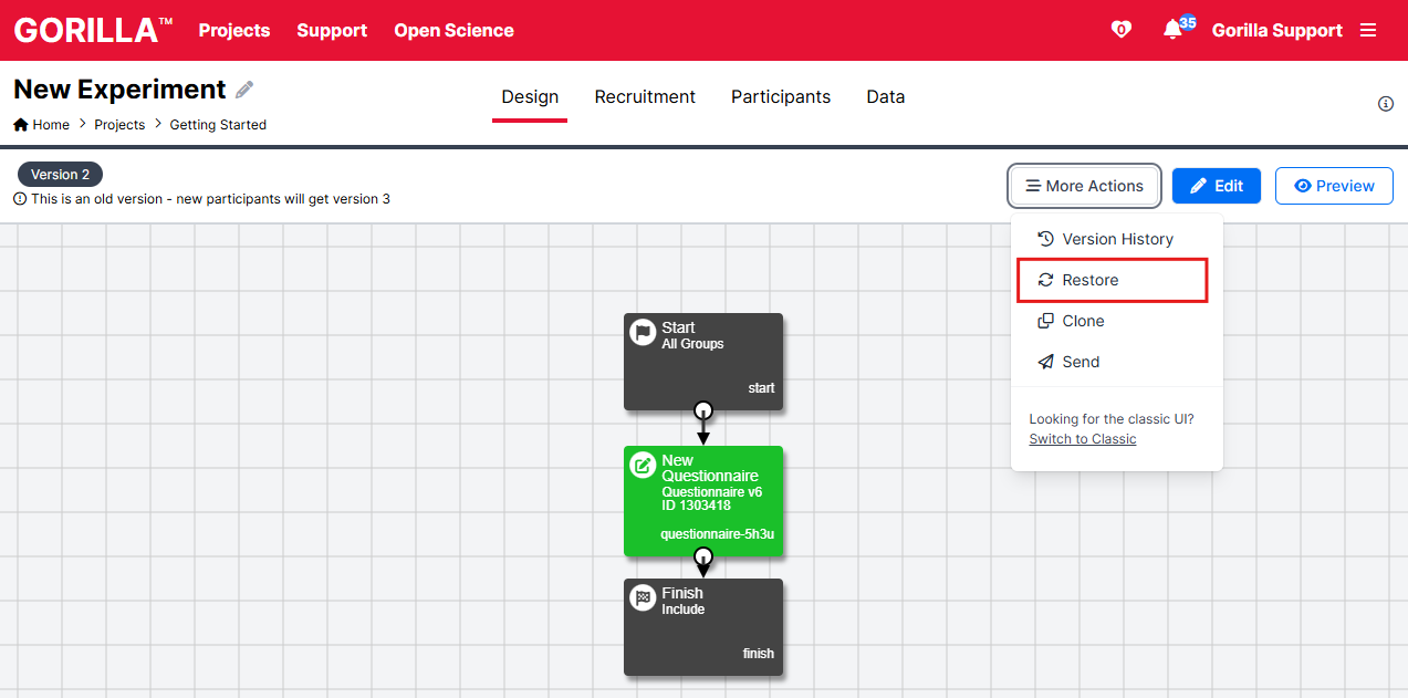 Screenshot of More Actions menu open in Experiment Builder. Restore is outlined in red