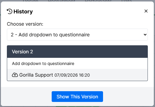 Screenshot of Version History window. Version 2 is selected. Show This Version button is at the bottom